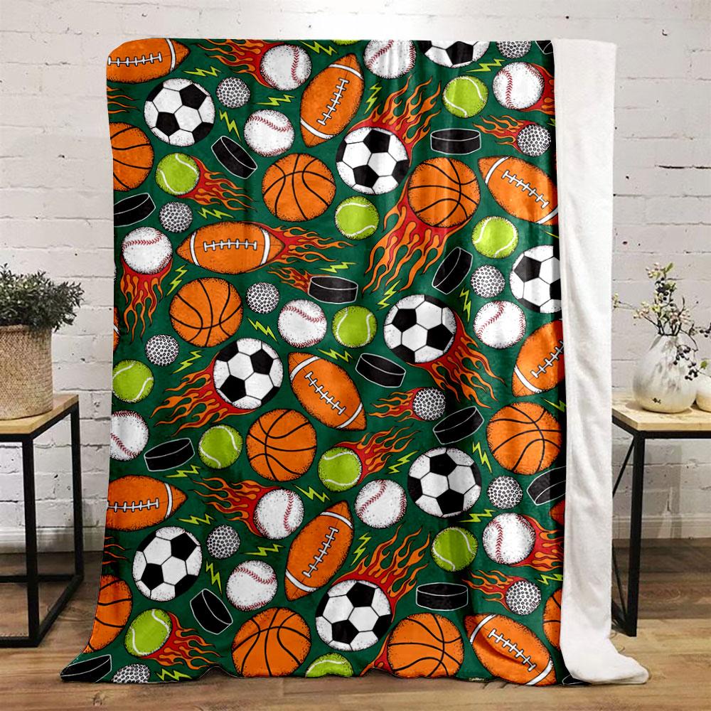 Various Sports Balls and Equipment Are Arranged with Fiery and Dynamic Accents. for All Seasons Blanket Lunch Break Throw Gift