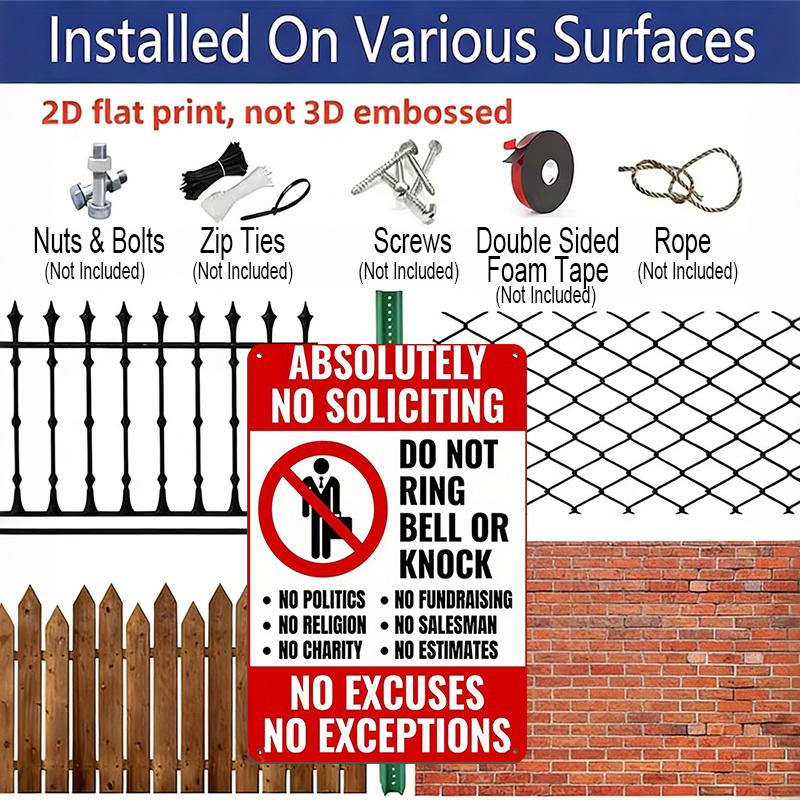 2D Flat, 1pc Vintage "No Soliciting" Metal Door Sign - Aluminium No Knock/No Ring Bell Decoration, 8x12 Inch - "Do Not Ring Bell or Knock" Message