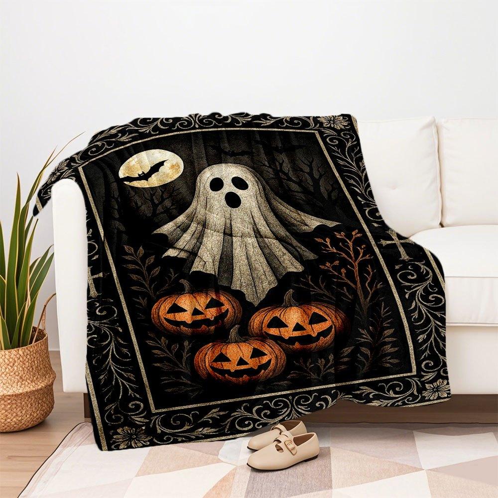 Halloween Ghost and Pumpkins Decorative RugBlanket Flannel Throw Blanket for Sofa, Bed, Travel, Camping, Office, Couch, Chair, And Bed Gift