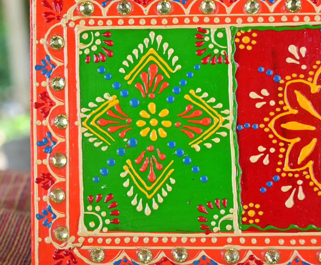 Indian Folk Art Mirror Work Wood Wall Panel: Hand-Painted Bright Ethnic Home Decor