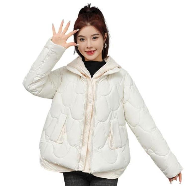 Winter Women Coat Short Thin Padded Hooded Turn Down Collar Pure Color Fake Two Piece Zipper Button Closure Down