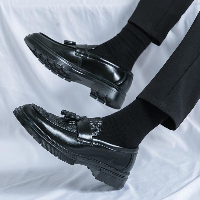 Large Size Men's Shoes Fringed Leather Shoes Men's Business Dress Crocodile Pattern One Pedal Thick Sole Heightening Foot Casual Shoes