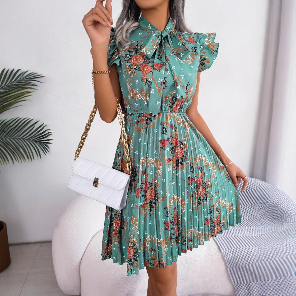 Spring and Summer Temperament Flower Tie Waist Large Swing Pleated Skirt Ladies Fashion Dress Loose Medium Long Skirt
