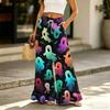 Women's Wide Leg Pants with Pockets Halloween Print High Waist Drawstring Casual Loose Fit Long Trousers for Everyday Wear