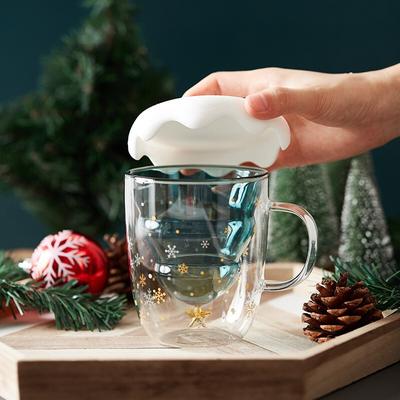 Glass Christmas Cup Cute Cup Creative New Year's Gift Cup Mug Double Layer Household Drinking Cup with Lid
