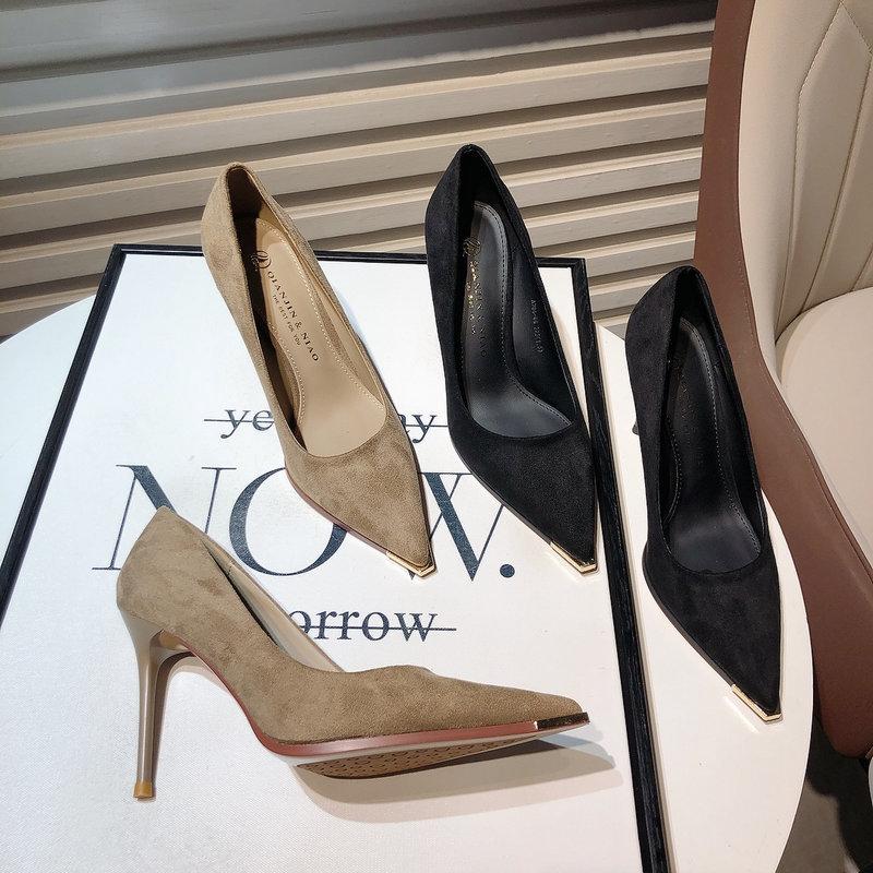 Khaki high heels women's 2025 new thin heel temperament celebrity suede light mouth pointed single shoes commuter work shoes