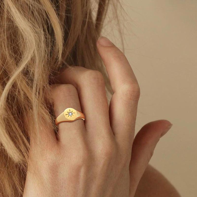Women Fashion Star Signet Rings, Gold Color Solid Metal Square Round Top Stamp AAA CZ Stone Band, Chic Boho Cool Jewelry