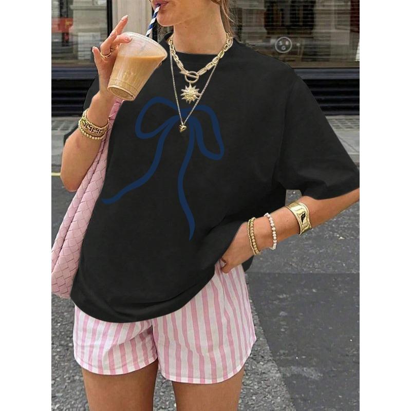 

European sizes New Arrival Casual Ins Style Women s Round Neck Artistic Bow Print Fashion Cool Short Sleeve Summer Tee - Ice Fiber Fabric T-Shirt 4XL