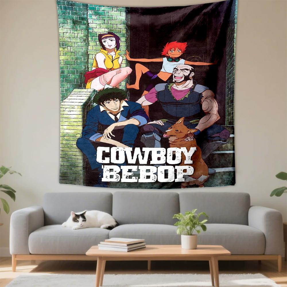 Tapestry Cowboy Bebop Group Stairs Green Brick Wall Spike Faye Jet Ed Ein Anime Poster for Living Room