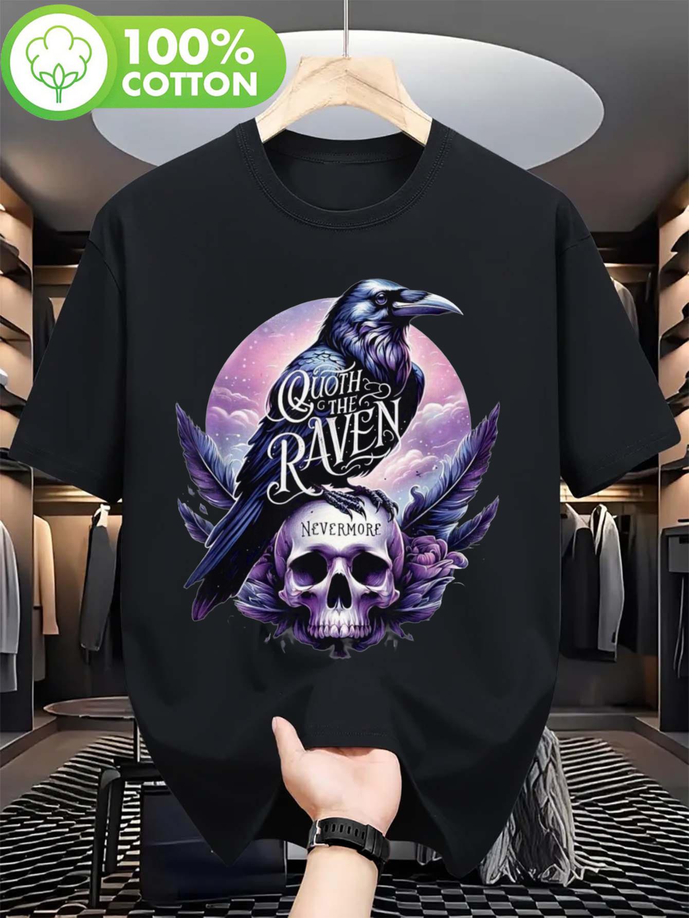 Black Cotton Graphic T-shirt - Raven Skull & Wings Print M