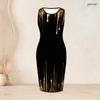 Women Plus Size Black Gold Printed Two Piece Set Sleeveless Bodycon Dress Long Sleeve Draped Cardigan