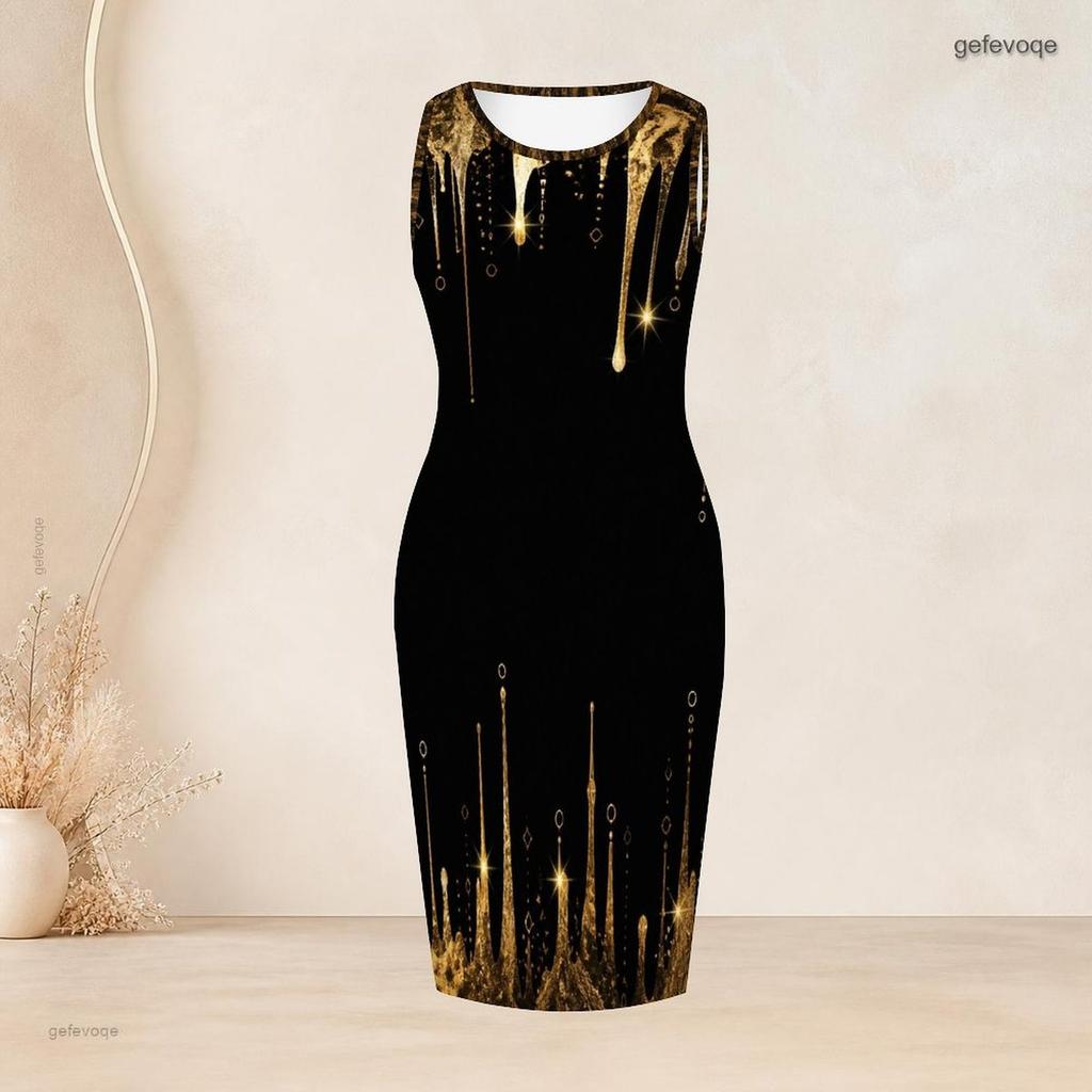Women Plus Size Black Gold Printed Two Piece Set Sleeveless Bodycon Dress Long Sleeve Draped Cardigan
