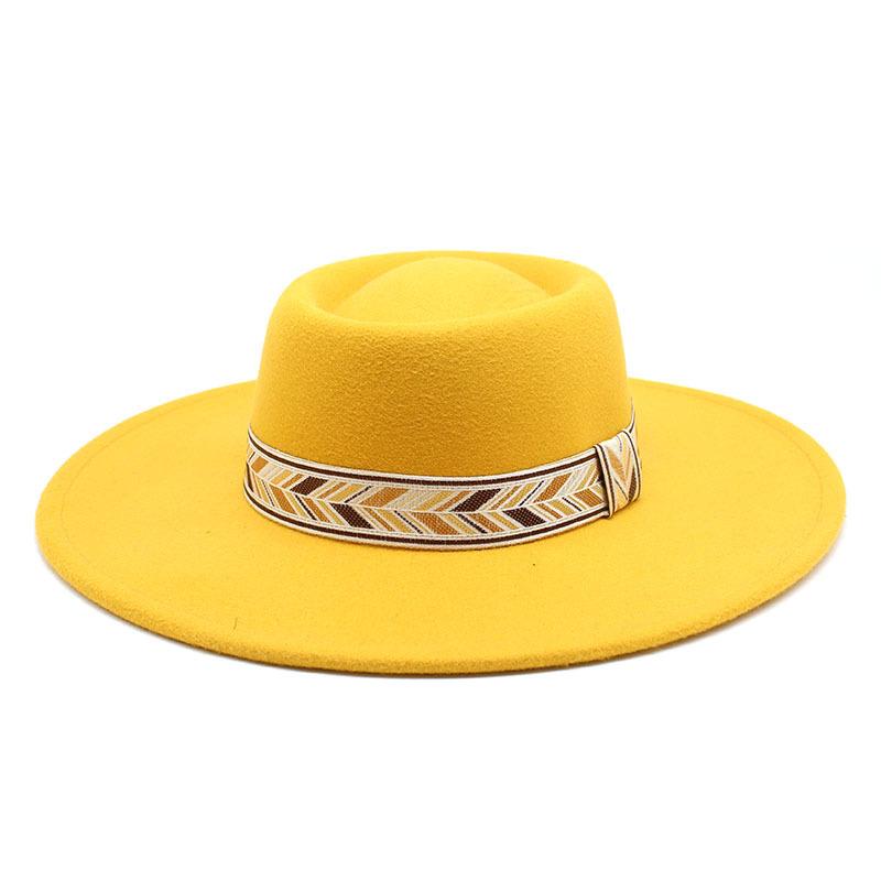 Retro Simple Solid Color Wool 9.5Cm Brim Men'S And Women'S Warm Outdoor Oval Ring Top Hat