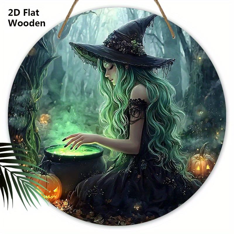 

Хэллоуинская деревянная табличка с узором ведьмы - Уникальные фигурки-украшения - Идеально для входной двери, стены, декора комнаты 20cm/7.87in зелёный