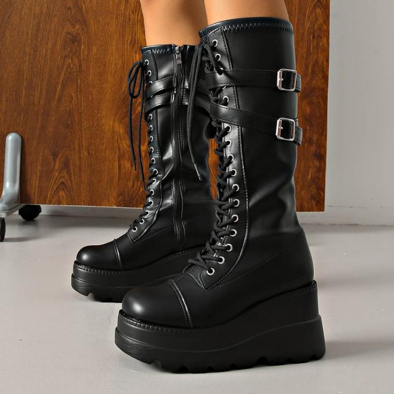 Wedge Heel Tall Boots Fashion Round Toe Strappy Side Zipper Platform Non-Slip Wear-Resistant High Heels