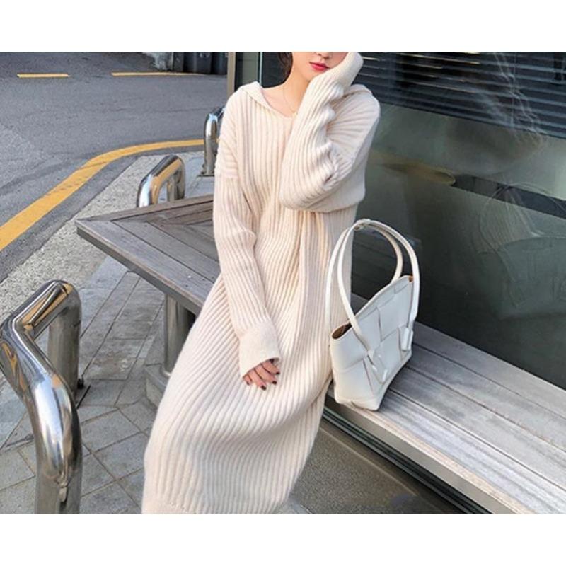 

Осень и зима новое вязаное платье женское с капюшоном однотонное средней длины и длинное выше колена с тонким низом юбка-свитер one size fits all абрикосовый