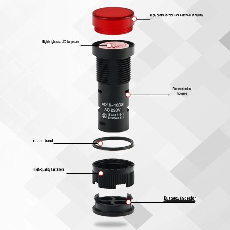 AD16-16DS LED Indicator Light: 16MM, 24V, 220V/380V, Red/Yellow/Green/Blue/White Signal.