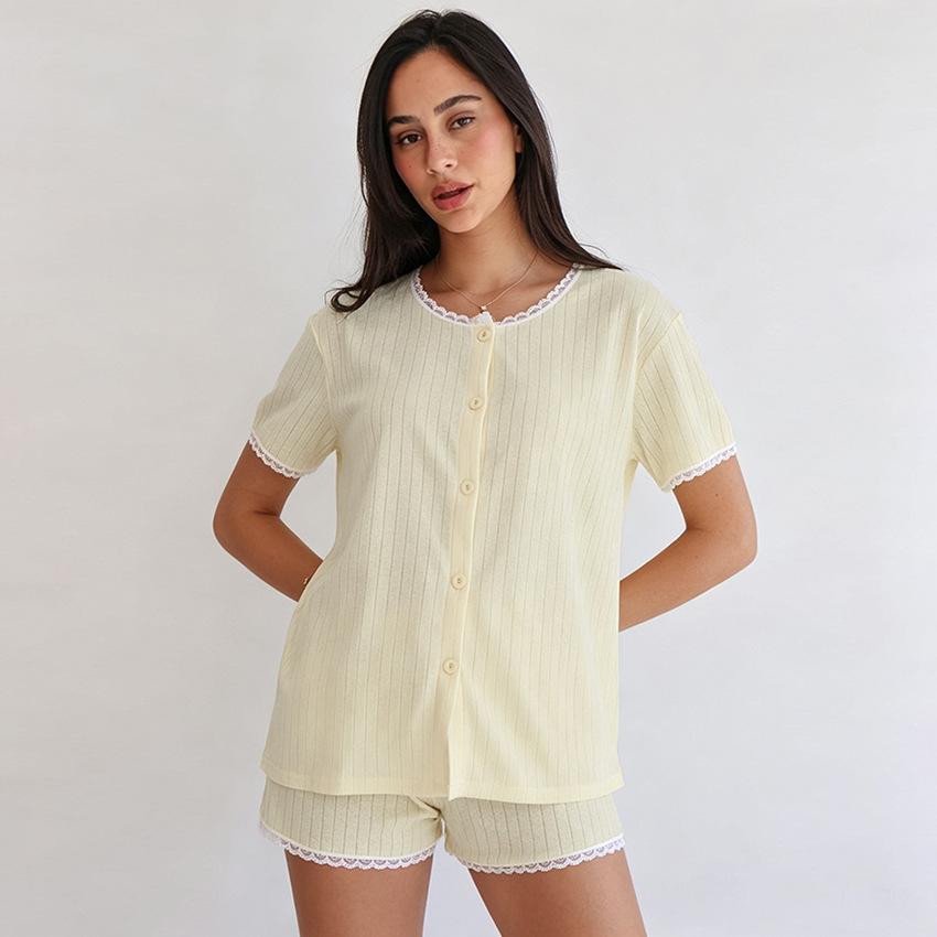 Autumn new product European and American threaded pit strip knitted short-sleeved shorts set comfortable and skin-friendly pajamas loungewear women's