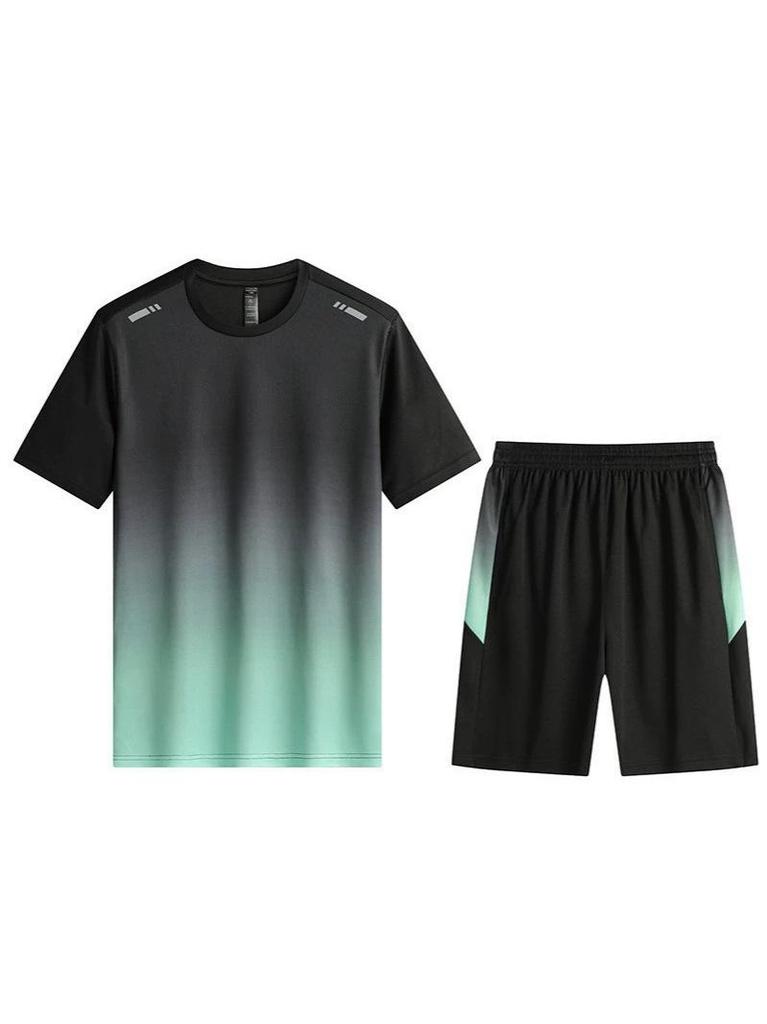 Men's Gradient Quick-Dry Sports Suit - Summer Breathable Fitness Set with Short Sleeve & Shorts