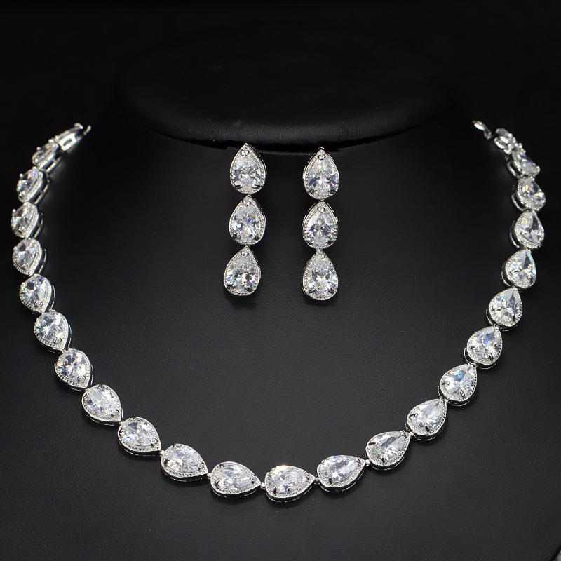 Bridal Earrings, Necklace Set, Jewelry Zircon Water Drop Set Chain.