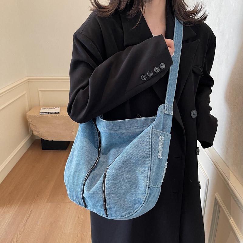 Denim Messenger Bag med Stor Kapacitet Dam Vintage Axelväska Crossbody-väska