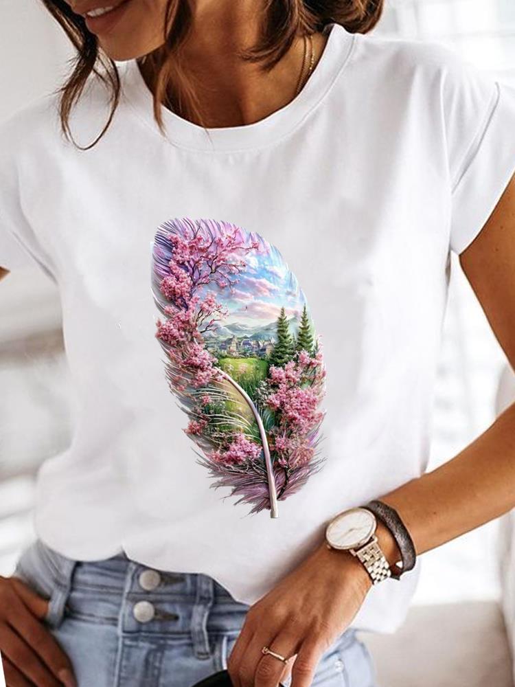 (Asian Size)  Clothing T Shirt Fashion feather trend sweet Tee Print Lady Women Casual Top Short Sleeve Female Graphic T-shirts