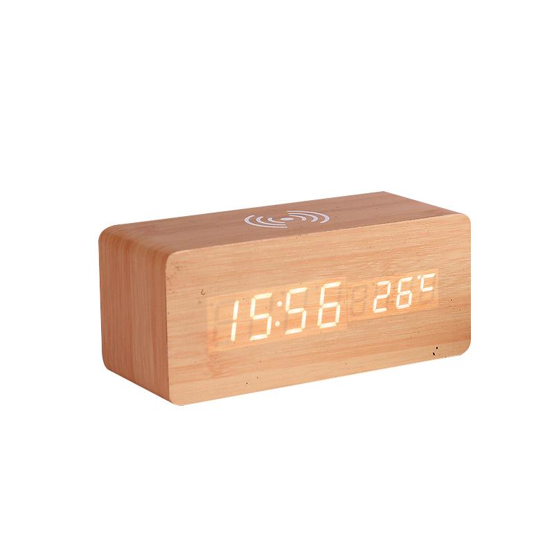 Wireless LED Wood Clock: Digital Alarm with Thermometer, Calendar & Charging Function