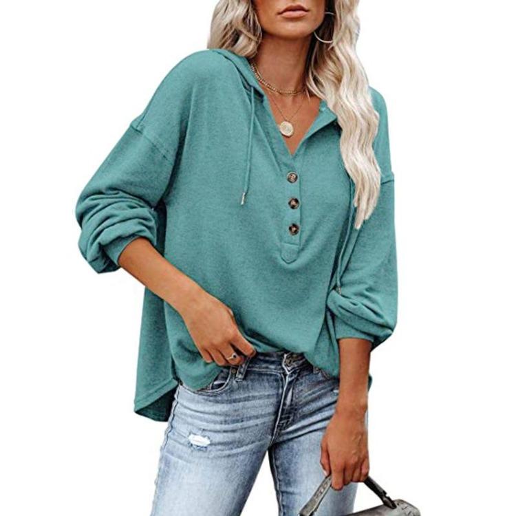 Autumn Winter Women Casual Loose V Neck Hoodie Top Solid Color Single Breasted Shirt