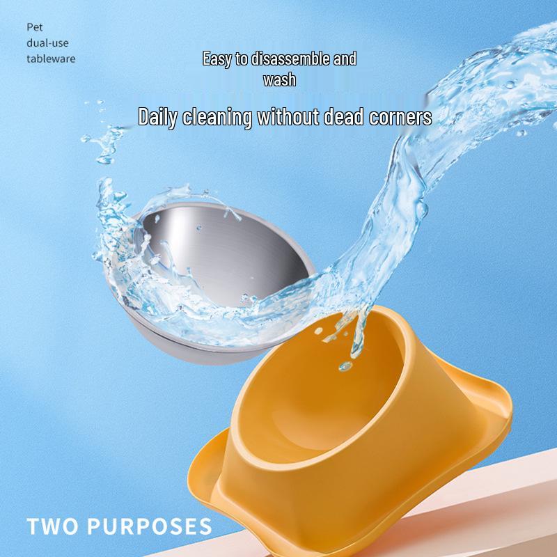 Stainless Steel Anti-Tip Cat & Dog Bowl Set - Large Capacity, Leak-Proof, Double Bowl Design