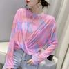 Printed Summer Designed Cropped Mesh Loose Tie-Dye Crew Neck Long-Sleeve Base Layer Thin Cover-Up Sun Protection T-Shirt Top