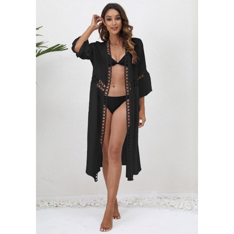 

Женский свободный пляжный накидка больших размеров с рукавами семь четвертей, кружевной солнцезащитный кардиган XL чёрный