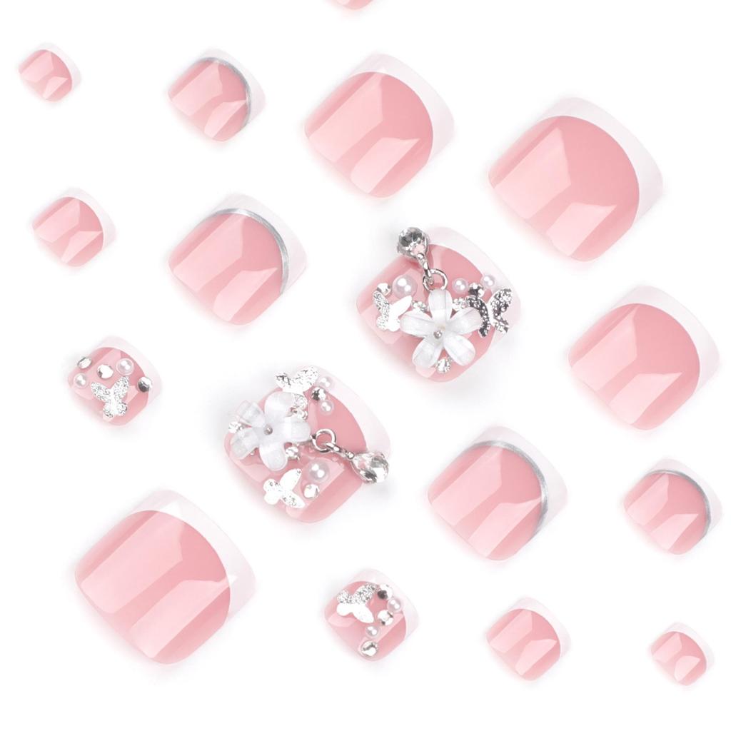 Classic 3D Flower Pearl Toenail Art - Short Wearable French Pedicure Tips