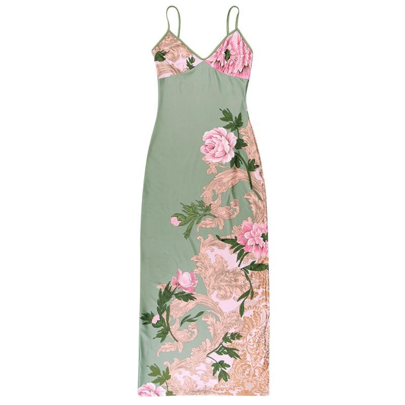 Women Summer Vacation Casual Print Spaghetti Strap Slim Fit Sexy Long Dress