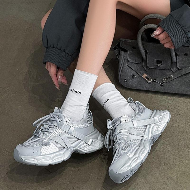 Silver dad shoes girl 2025 spring new trend Internet celebrity fried street leather mesh breathable platform sports running shoes