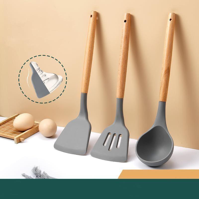 Kitchen Utensils Set, 3 Pcs Non-Stick Silicone Kitchen Cooking Utensils with Wooden Handle, Kitchen Spatula Cookware Utensils Set,