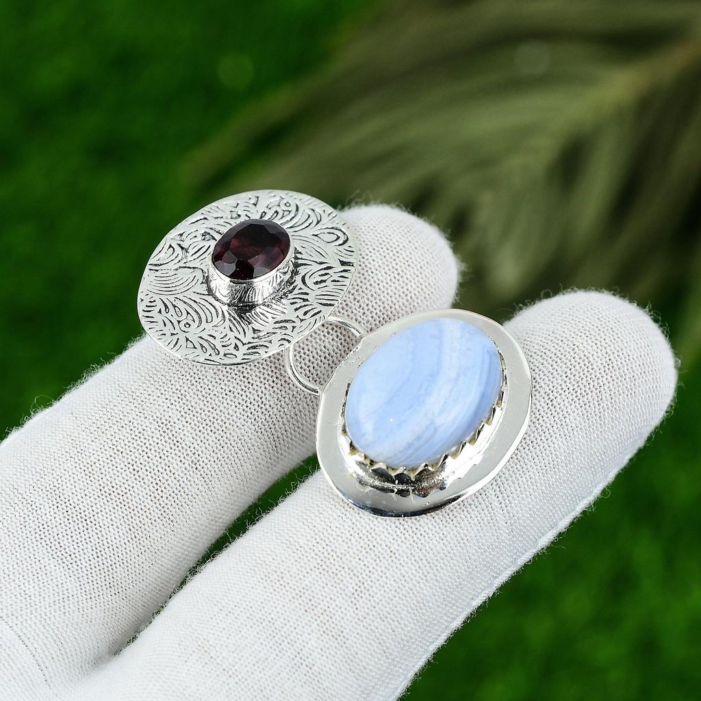 Natural Blue Lace Agate Gemstone Pendant 925 Sterling Silver Indian Jewelry