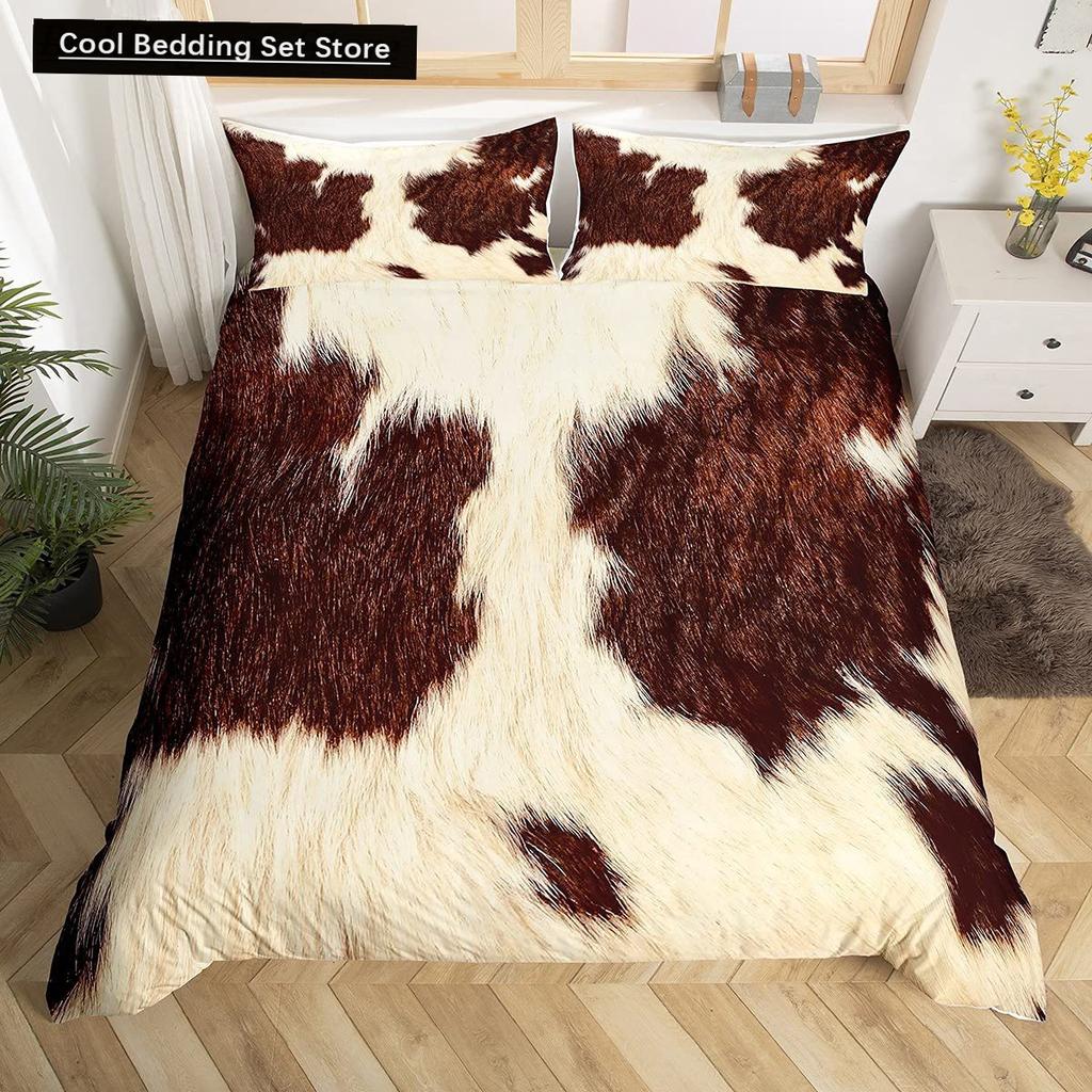 Cowhide King Queen Duvet Cover Patchwork Cow Fur Print Bedding Set Animal Quilt Cover Western Cowboy Polyester Comforter Cover