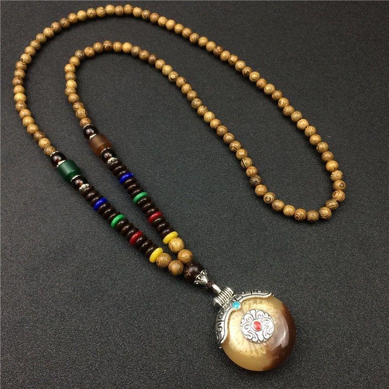 Unisex Retro Ethnic Wooden Necklace Pendant - Versatile Long Sweater Chain and Clothing Accessory