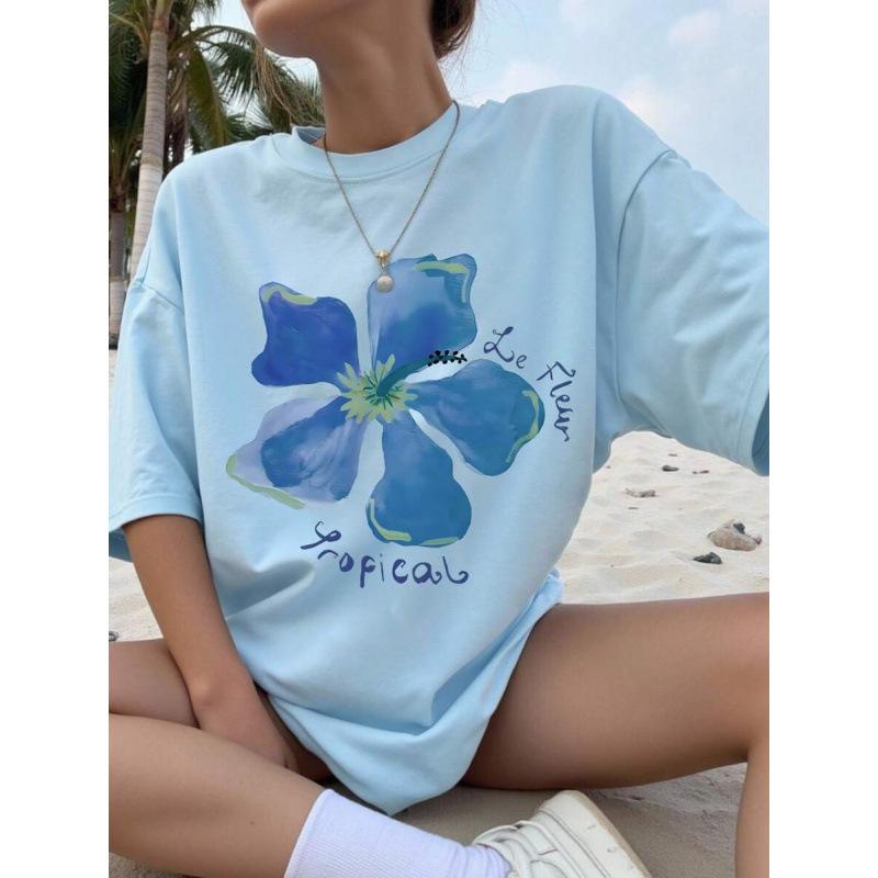 

Женский свободный топ с цветочным принтом, круглым вырезом, из чистого хлопка, европейский размер Medium светло-синий