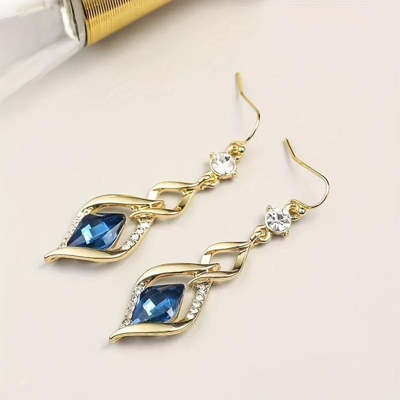 1pair Long Rhombus Blue Glass Earrings, Trendy Fashion Temperament Celebrity High-end Earrings