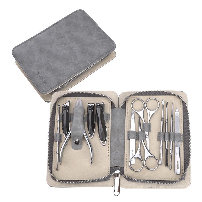 German Precision 12-Piece Stainless Steel Nail Clipper & Manicure Set - High-Quality Grey Glossy Finish