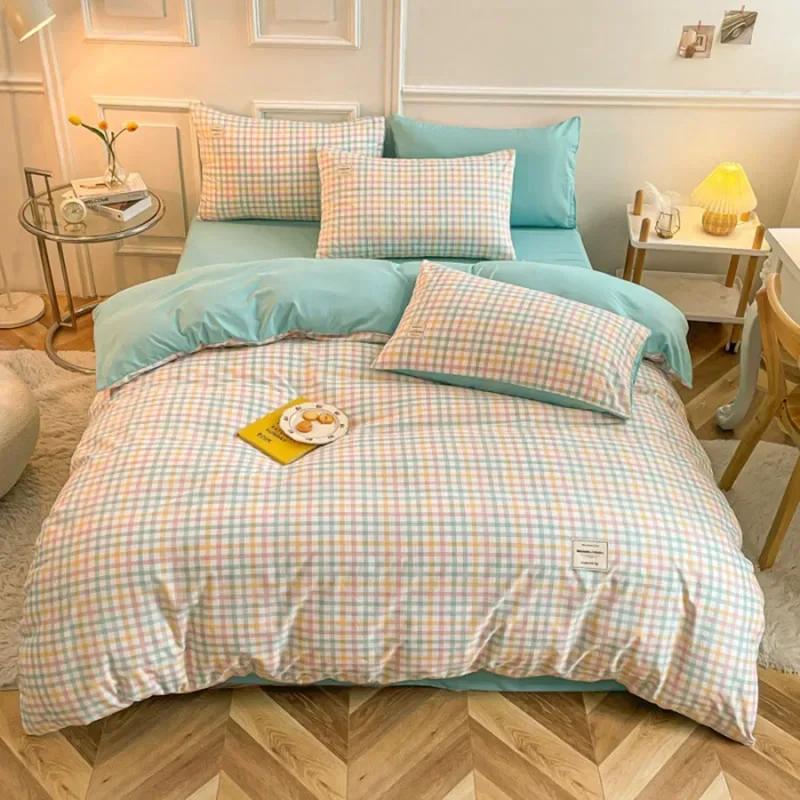 Japanese Grid Printed Washed Bedding Set Skin-Friendly Breathable Quilt Cover Sets for All Seasons Queen King Size Bedclothes