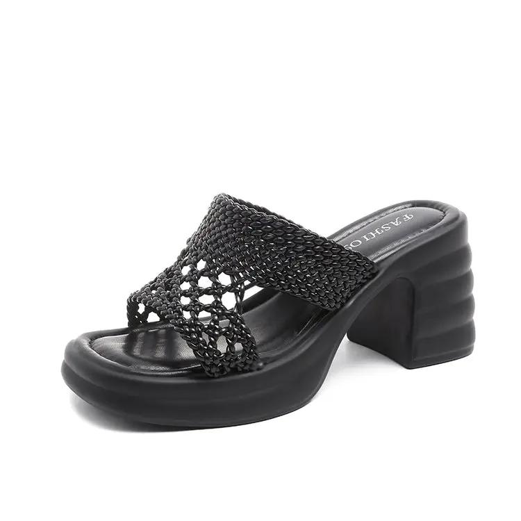 

Fashion 8 Cm Small Size 32-43 Elegant Hollowed-out Wedge Heel Slippers 2025 Summer High Heels Slide Women s Office Beach Daily 35 чёрный