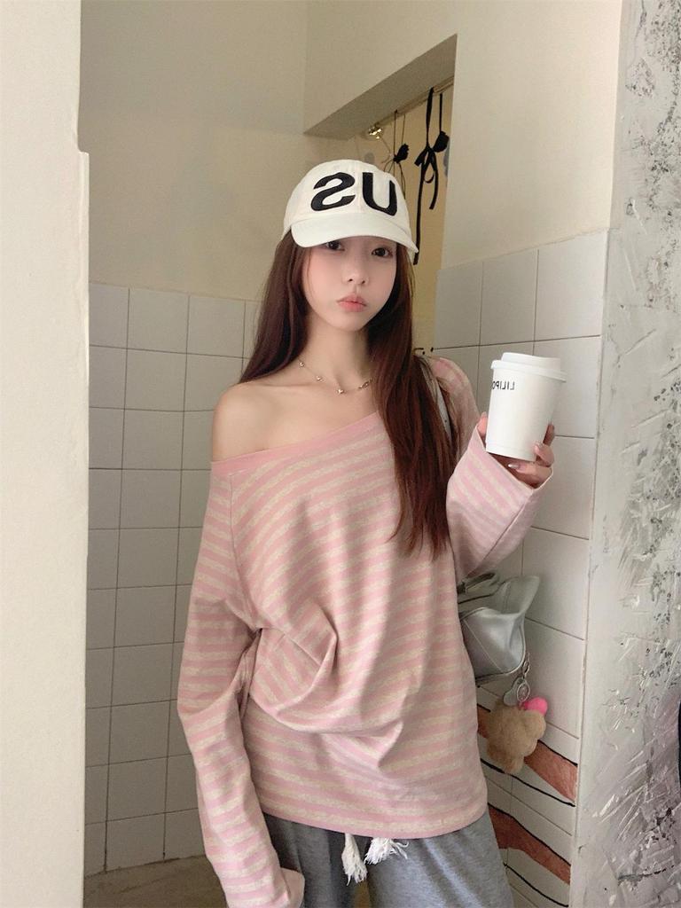 Early Autumn Korean Style Loose Striped Raglan Off-Shoulder Cotton Long Sleeve Women's Top