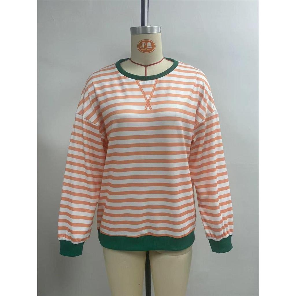 Women's Simple Home Casual Striped Pattern Round Neck Trendy Long-sleeved Pullover Color Block T-shirt