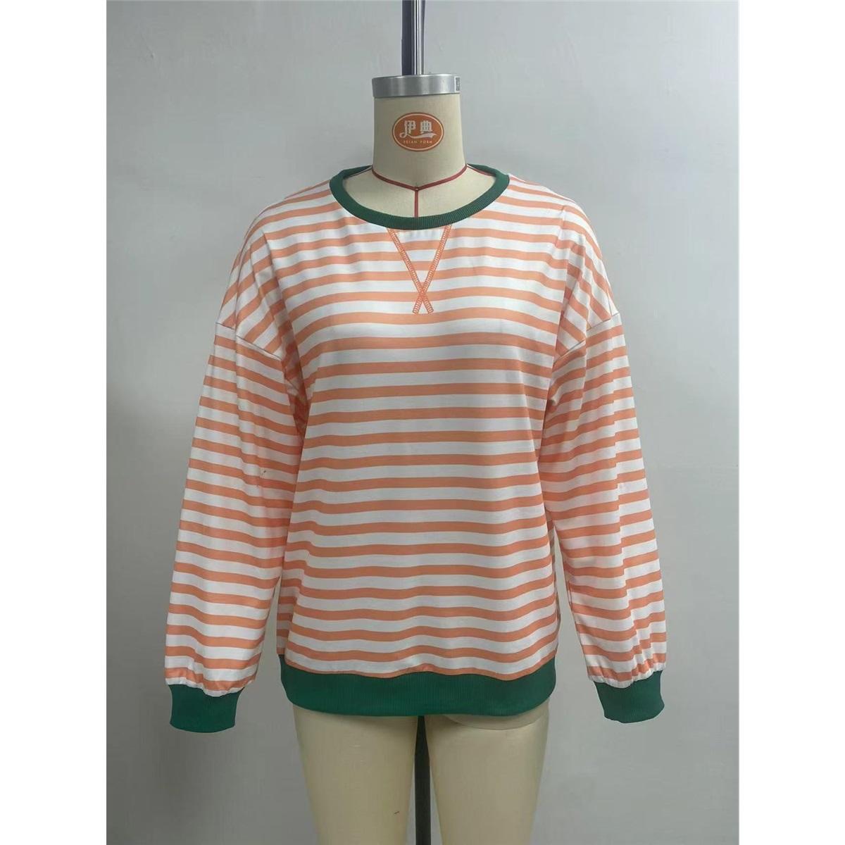 Women s Long-sleeved Round Neck Loose Casual Striped T-shirt S абрикосовый