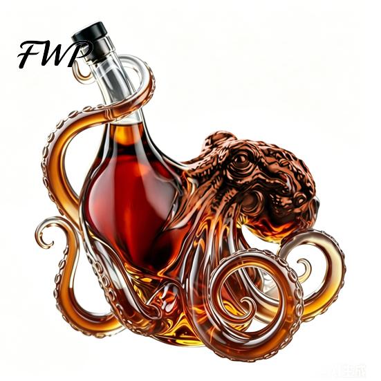 Octopus Wine Bottle 3D Whiskey Decanter, Nautical Art Collectible Bottle, 350ml Glass Unique Design Decorative Liquor Home Bar Decanter for