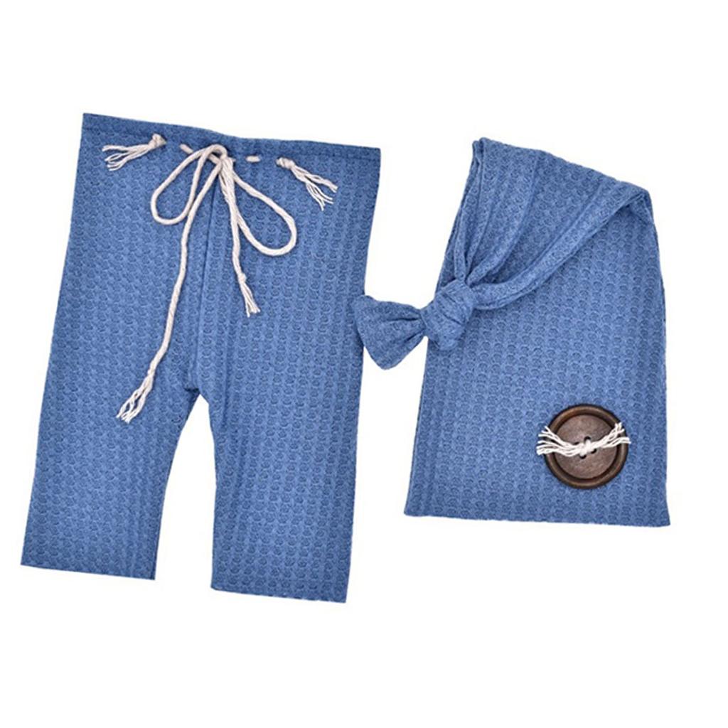 NewBorn Photo Outfit Blue Clothes Pants Tailed Hat Crochet Soft Breathable Wood Button Photo Props for Infant Toddlers