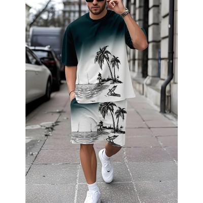 2025 Summer Vacation Beach T-shirt Shorts Set Casual Loose Men's Drawstring Waist Shorts Coconut Tree Print Short Sleeve Top Set