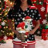 Women's Loose Fit Uniform Dress with Christmas Print V-Neck and Side Slit Short Sleeve